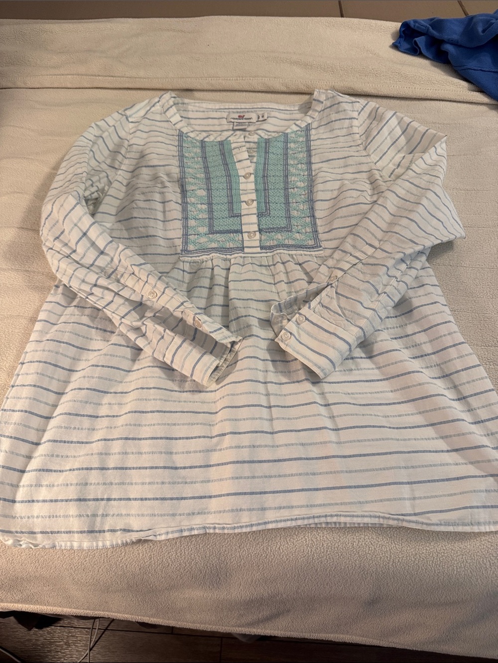 Girls' Long-Sleeve Embroidered Tunic Shirt - Blue/White